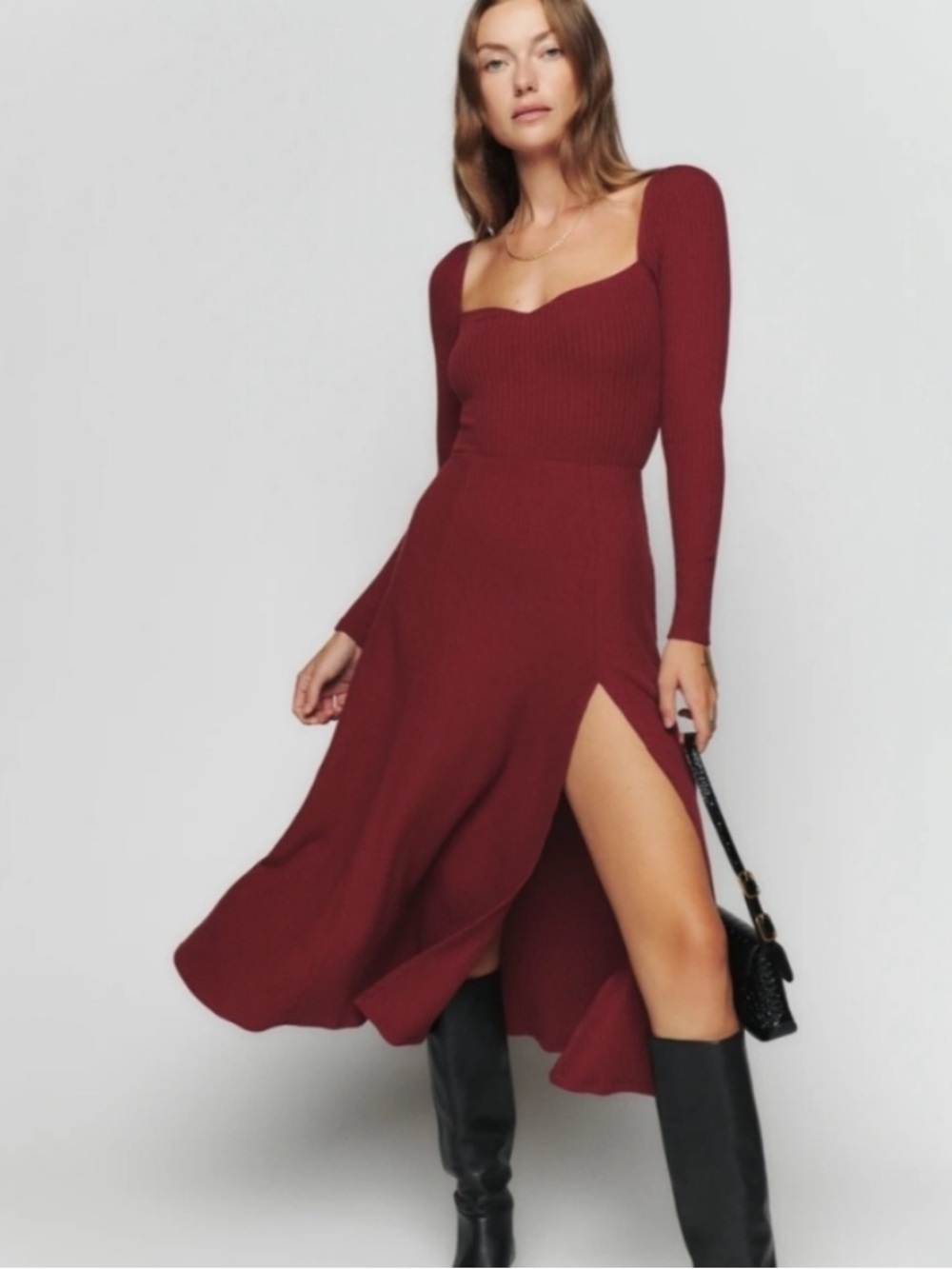 Reformation deep Red Long Sleeve Ribbed Midi Dress size small